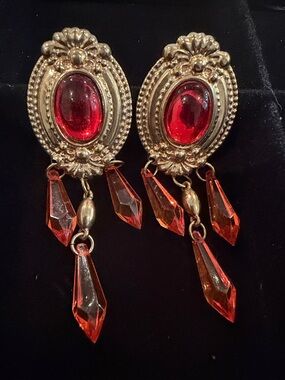Gold-Tone Drop Earrings with Red Cabochons and Red Dangles